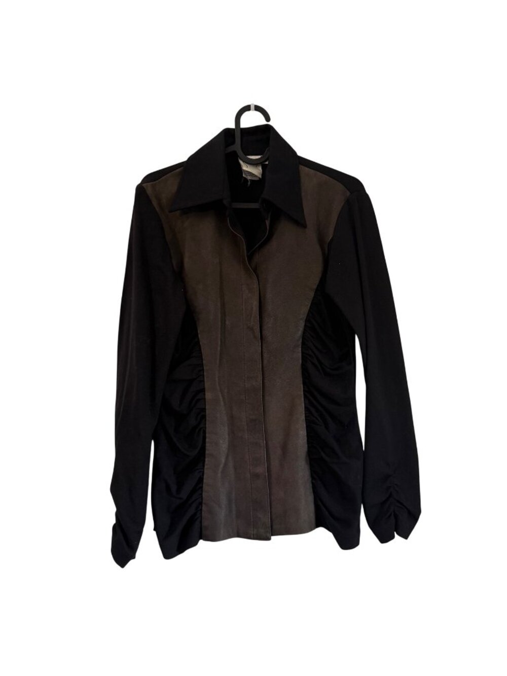 Finley Black Brown Lamb Leather Front Ruched Long Sleeve Shirt Womens Small